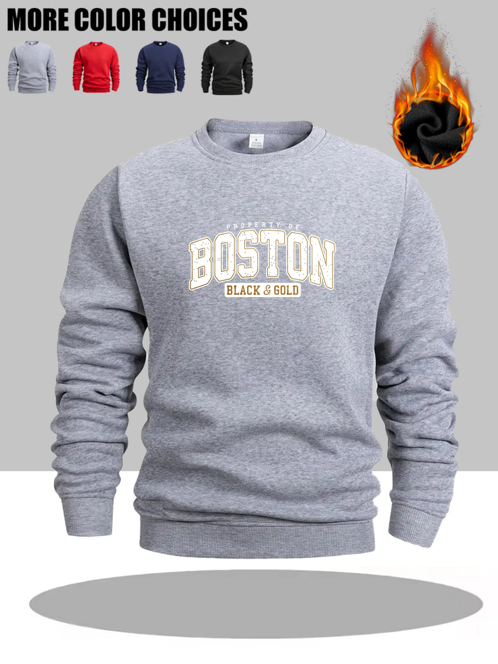 Men's Casual Style, Men's Crewneck Sweatshirt, Boston Black And Golden Property Of Print, Polyester Fiber, Suitable for Men Daily Wear And Sports Scenes - Grey