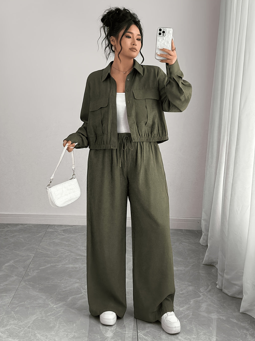 Plus Size Women'S Solid Color Autumn Casual Two-Piece Home Wear, Hidden Placket Long Sleeve Shirt And Elastic Waist Long Pants Set - fern green