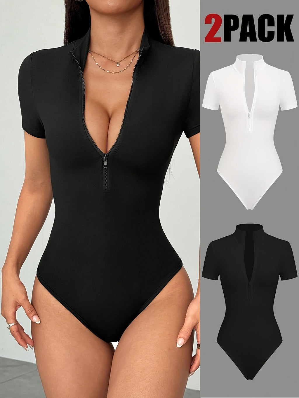 2pcs Set Women'S Multi-Color Front Center Zipper Design Slim Fit Fashion Jumpsuit - Mixed colors