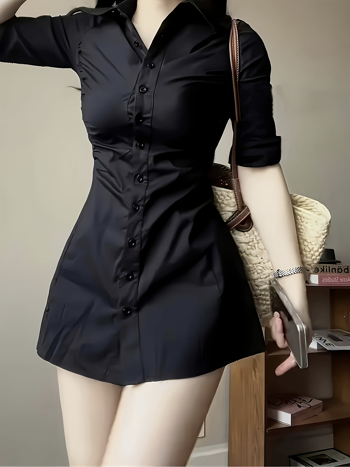 Waist- And Single-Breasted Solid Color Shirt Dress, Suitable for Dating And Commuting - Black