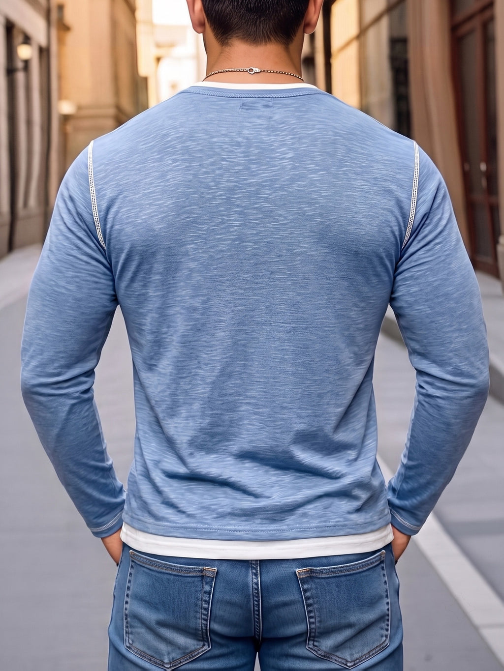 [ROYALBOY] Autumn New Pure Color Individual Design Hasselblad Thread V-Neck Long Sleeve, Casual All-Match Commute Essential, Party, Fashionable Versatile - Sky Blue