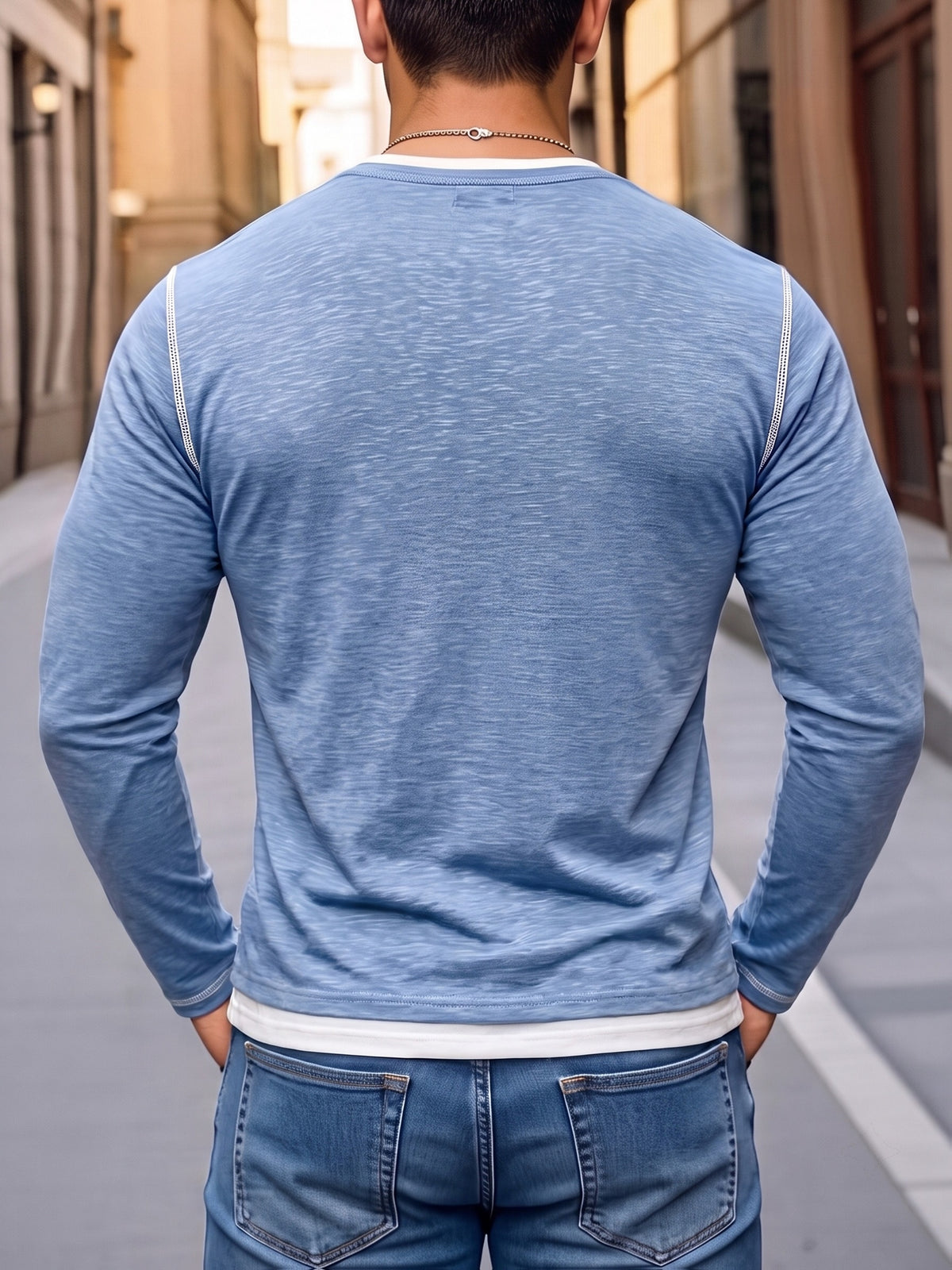 [ROYALBOY] Autumn New Pure Color Individual Design Hasselblad Thread V-Neck Long Sleeve, Casual All-Match Commute Essential, Party, Fashionable Versatile - Sky Blue