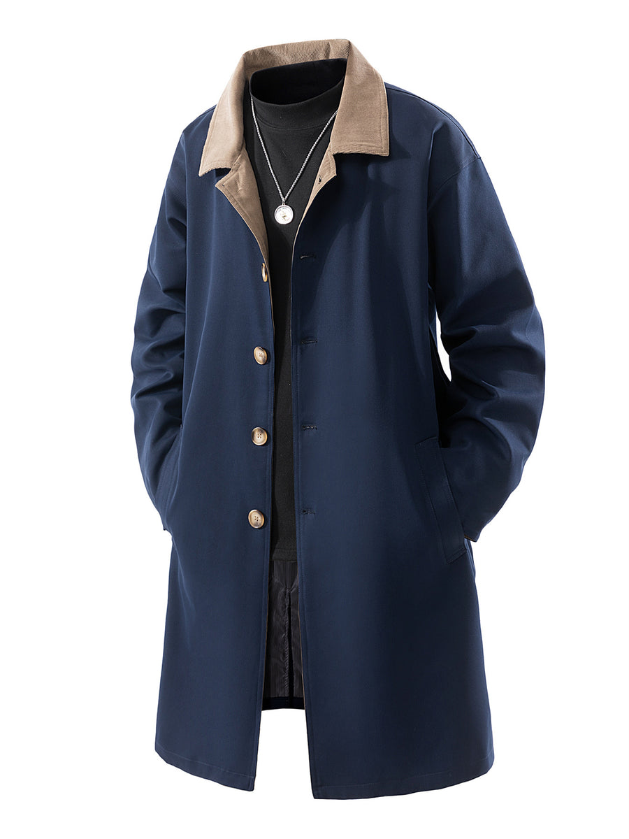Men's Draped Color-Block Lapel Trench Coat, Spring/Autumn Loose Fit Mid-Length Over-the-Knee Coat, Simple Single-Breasted Casual Commuter Vintage Workwear Jacket, Plus Size Trench Coat, Versatile Autumn/Winter Outerwear - Navy
