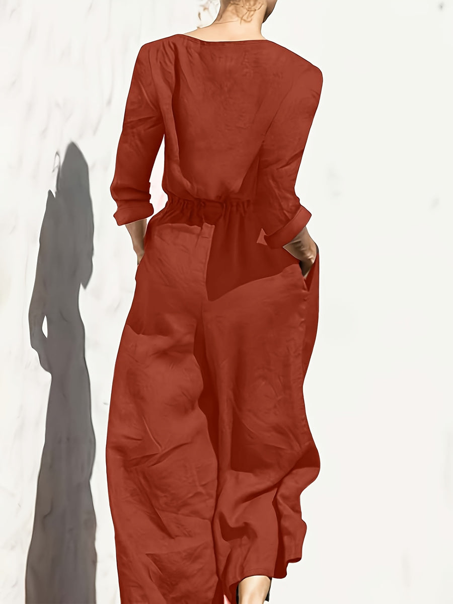 Summer New Fashion Casual Double Pocket Women's Jumpsuit with Button Detail for Vacation - Orange