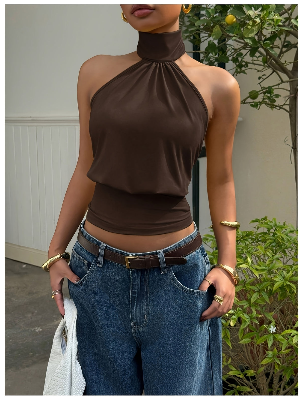 Women's French Vintage Halter Neck Backless Top - Stretch Sleeveless Shirt, Dark Brown High Neck Suitable for Daily Commute, Vacation, Date, Machine Washable Spring Summer Fall Wardrobe Essential - Coffee Brown
