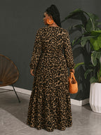 Plus Size Women'S Leopard Pleated Dress, Casual Party Outing Autumn Style - Leopard Print