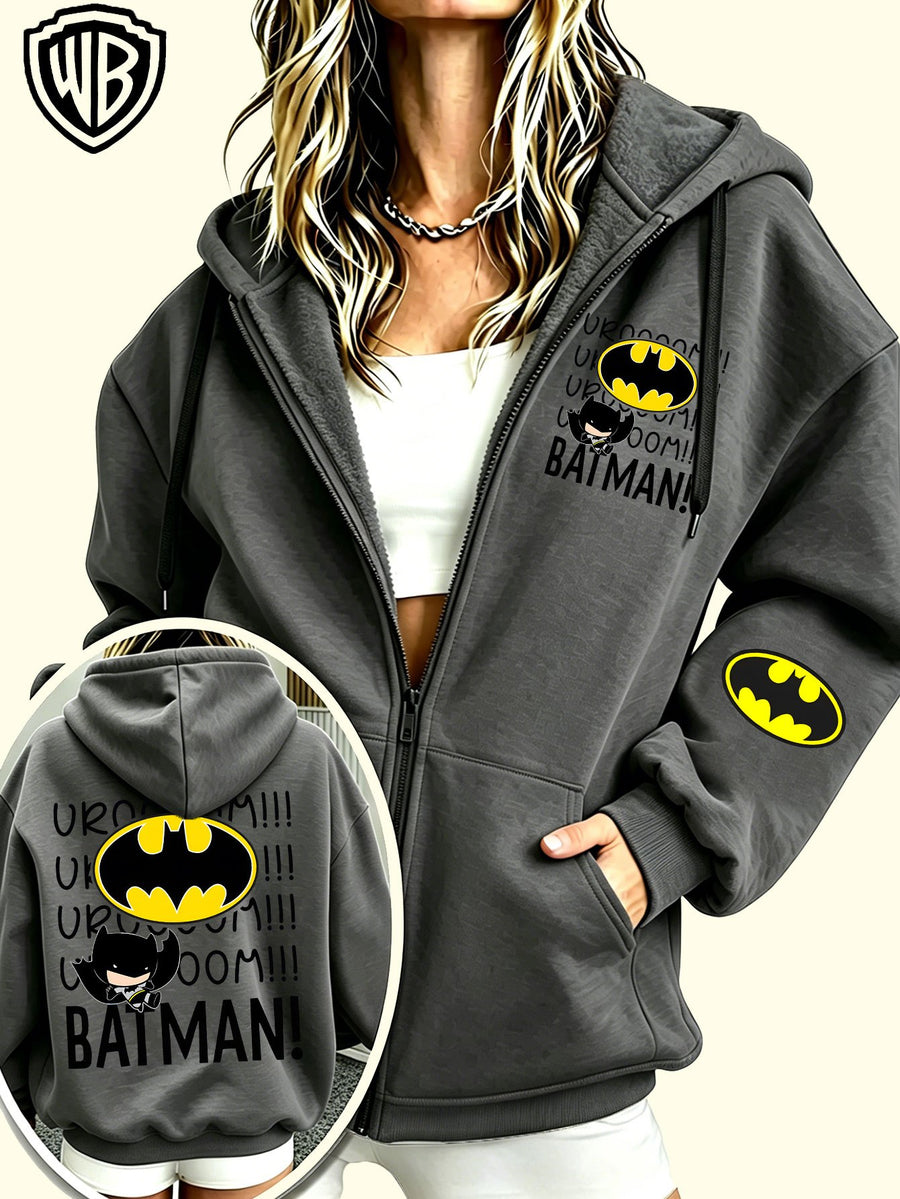 Everyday Casual Zip-Up Hooded Cardigan Jacket, Officially Licensed Warner Bros. DC Batman with Classic Bat Logo, Paired with Vintage "BOOM" Onomatopoeic Fun Lettering Font, Featuring Multiple Dark Hero-Style Prints on the Garment, a Simple and Cool - Grey