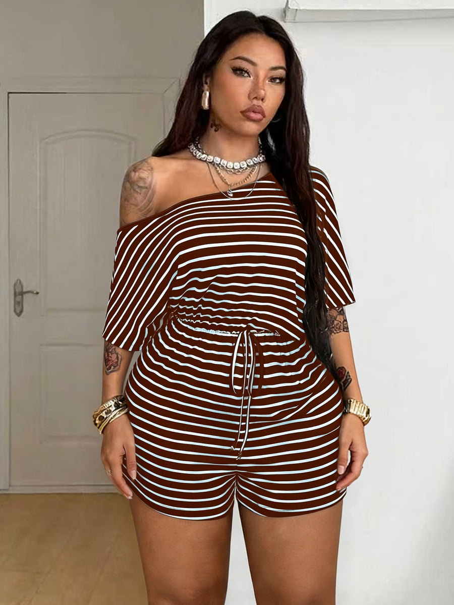 Standard Size Women's All-Season Pajamas, Casual Striped Print Fashion Off-Shoulder Outerwear Homewear Set - Brown