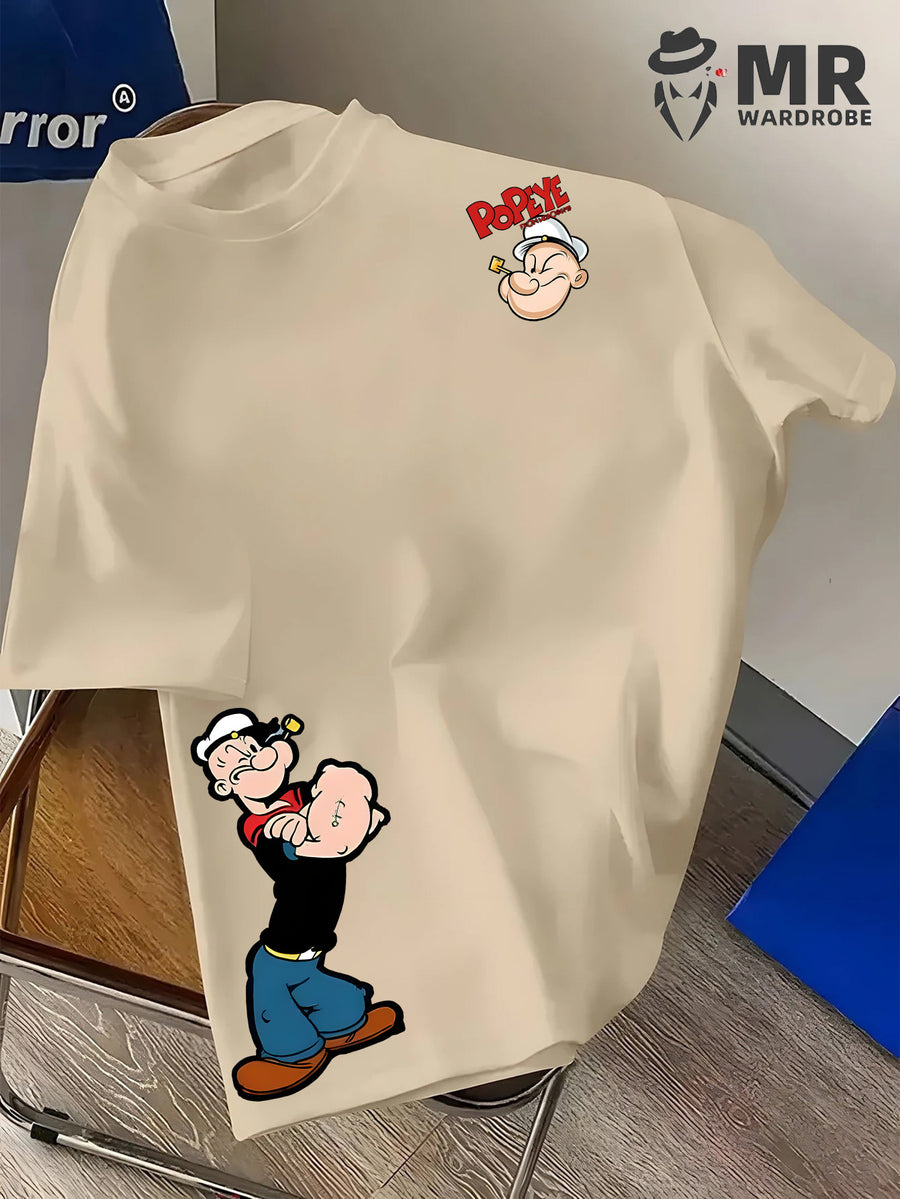 Men's Popeye the Sailorman Retro Graphic Short Sleeve T-Shirt - Vintage Cartoon Print, Breathable Knit Fabric, Regular Fit Round Neck Casual Summer Tee for Casual Attire, Machine Washable Top, Soft Texture Shirt - Apricot