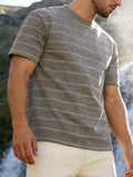 Summer Men'S Striped Short Sleeve Shirt, Casual Retro Style Daily Top - Khaki Brown