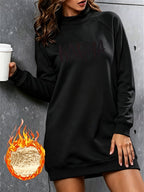 Easy KARMA Letter Print Mock Neck Long Sleeve Fleece Sweatshirt Women'S Fall Winter Casual Sweatshirt Dress - Black