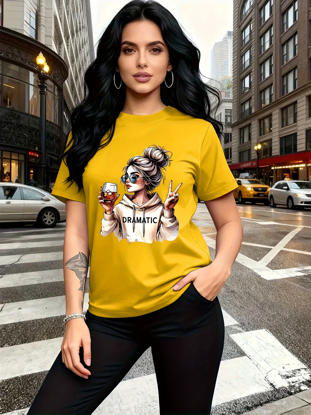Street-style Trendy Art Print Featuring a Woman with a Bun Hairstyle and Fashion Glasses Holding a Red Wine Glass. Simple Round-neck Casual Versatile Short-sleeve Women's T-shirt, Suitable for Leisure, Travel, Vacation, and Other. 11643 - Yellow
