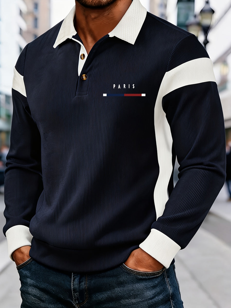 Pearson OBM Spring/Autumn Men's New Chic Color-Block Printed Lapel Polo Shirt, Versatile and Stylish, Suitable for Daily Casual Wear and Various Outdoor Occasions - Navy Blue-PA
