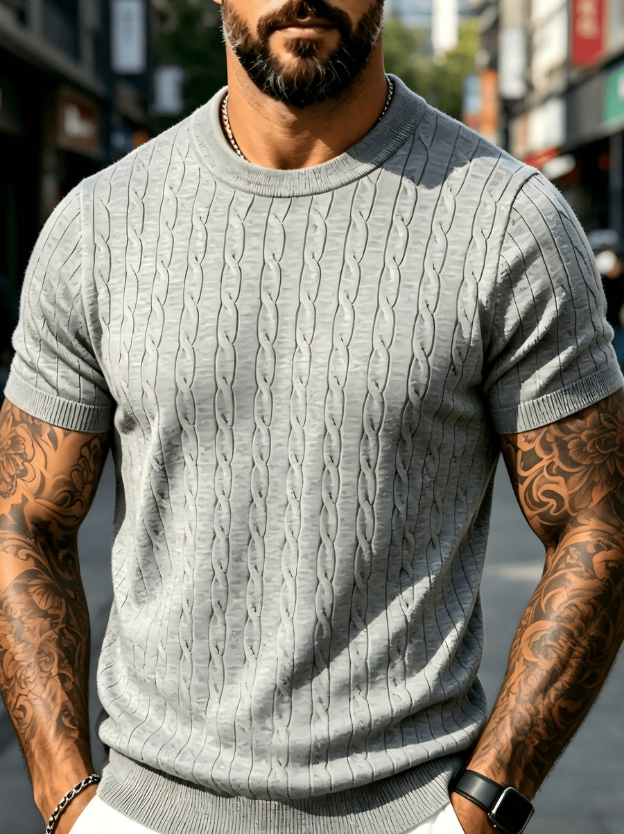 Men's Summer Solid Color Crew Neck Knit Short Sleeve Slim Fit Lightweight Half-Sleeve Top, Premium Basic Crew Neck Knitwear, Versatile Casual Base Layer for Daily Commuting - Light Grey