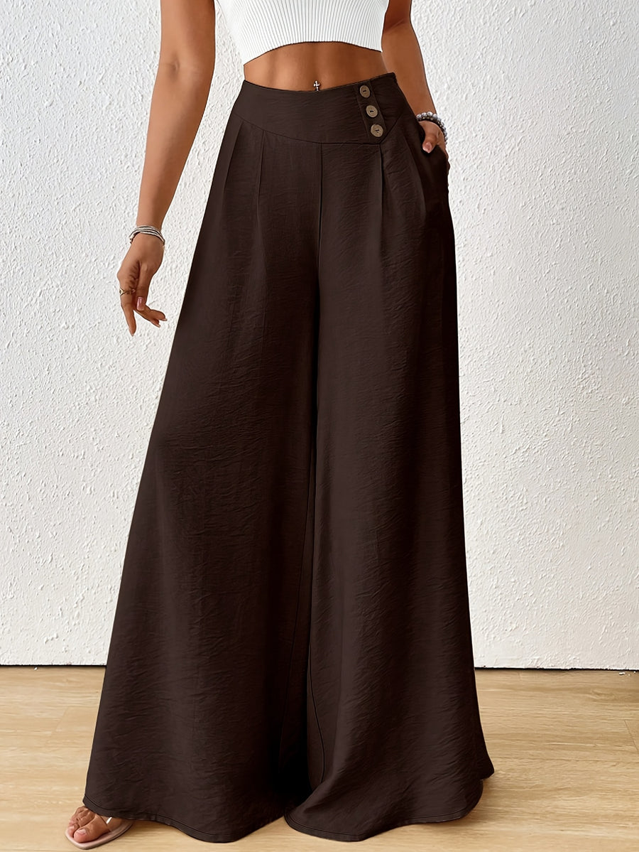 High-Waist Wide-Leg Pants, Solid Color, with Pleats And Button Details, Soft Style - Coffee Color