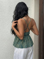 Vintage Blue Paisley Cross-Back Cami Top with Waist-Cinching Ruffle V-Neck, Suitable for Vacation, Daily Casual Wear, and Dates - Sea Blue