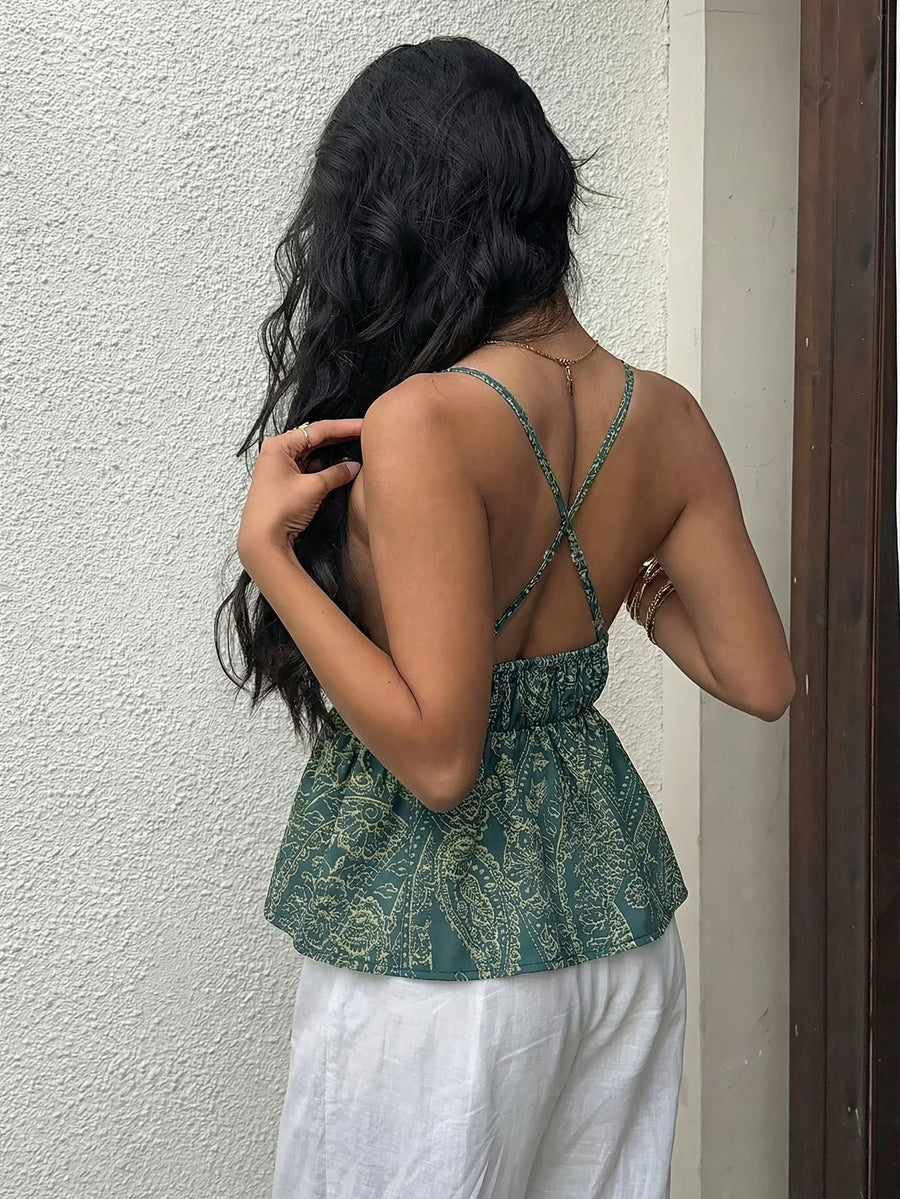 Vintage Blue Paisley Cross-Back Cami Top with Waist-Cinching Ruffle V-Neck, Suitable for Vacation, Daily Casual Wear, and Dates - Sea Blue