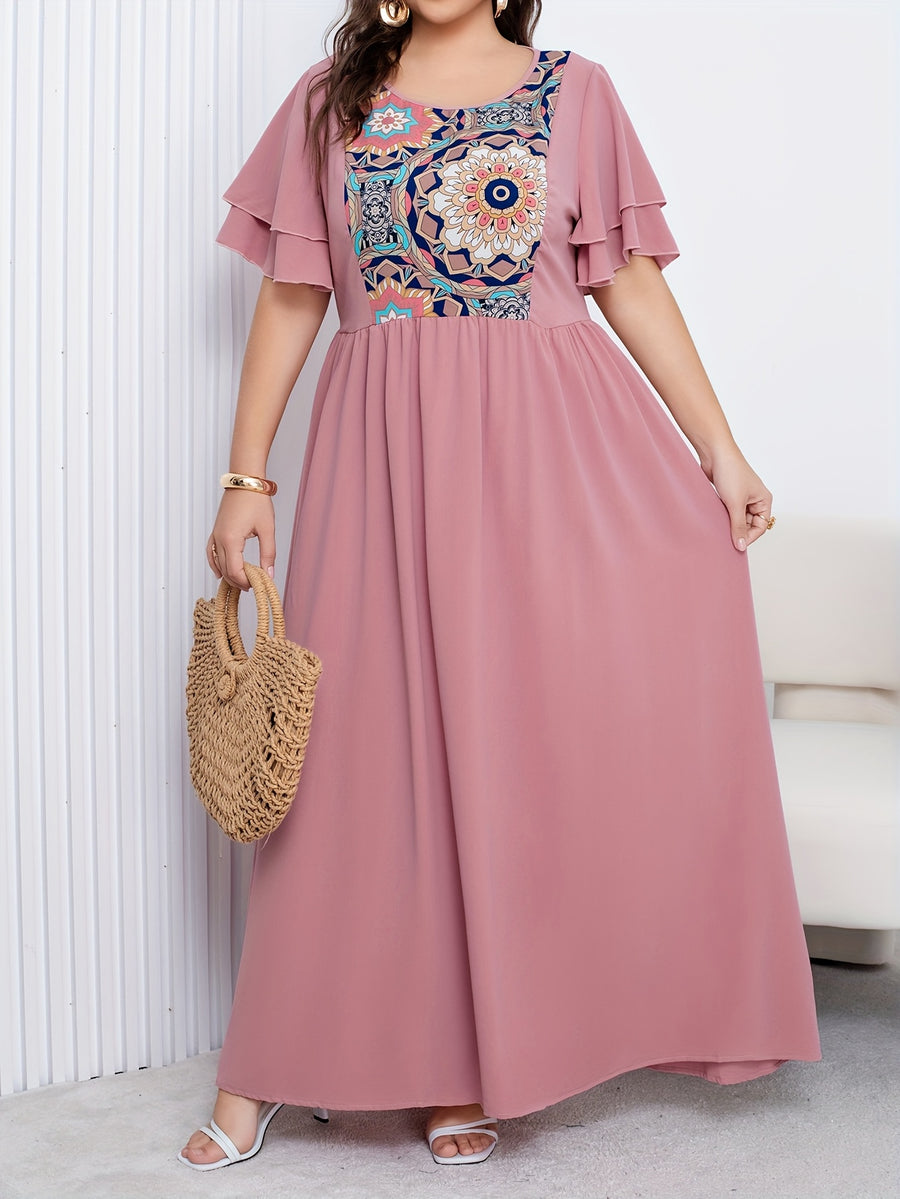Plus Size - Plus Size - New Middle Eastern Fashion Style Ethnic Print Loose Dress for Women - Pale Pinkish Gray