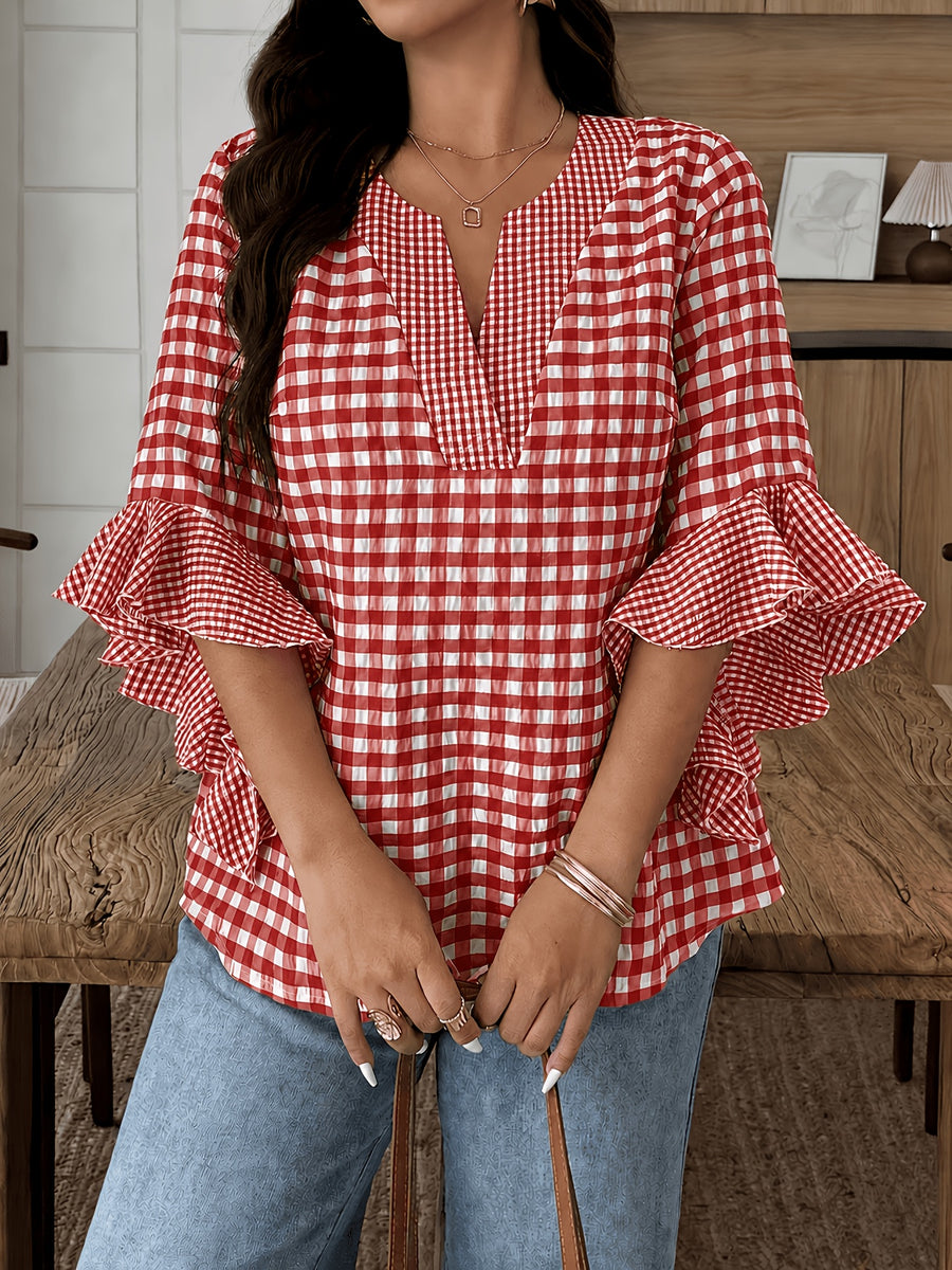 Women's Colorful Plaid Flared Sleeve Shirt for Spring, Summer, and Autumn, Casual Checkered Patchwork Shirt with Large and Small Plaid Patterns, Plaid Shirt for Vacation, Leisure, and Work Commutes - Red