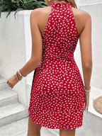 Women'S Polka Dot Irregular Halter Neck Pleated Lace-Up Sleeveless Elegant Fashion Dress - Mixed colors
