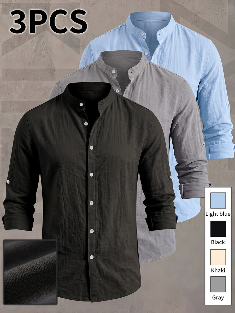 3pcs Set Men'S Henley Long Sleeve Shirt, Easy And Elegant Style. Versatile for Daily Outings And Casual Workplaces. Suitable for Personal Wear Or As a Birthday Gift for Friends And Family - Black + Gray + Light Blue 3-Piece Set