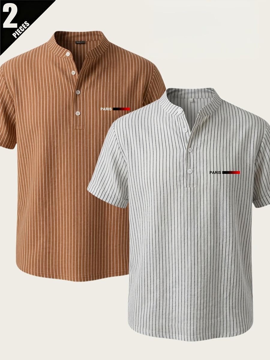 2pcs Men'S Striped Henley Shirt Set, PARIS Chest Print Short Sleeve Shirt, Lightweight Breathable Regular Fit, Suitable for Casual Wear, Travel, And Layering - Coffee+White