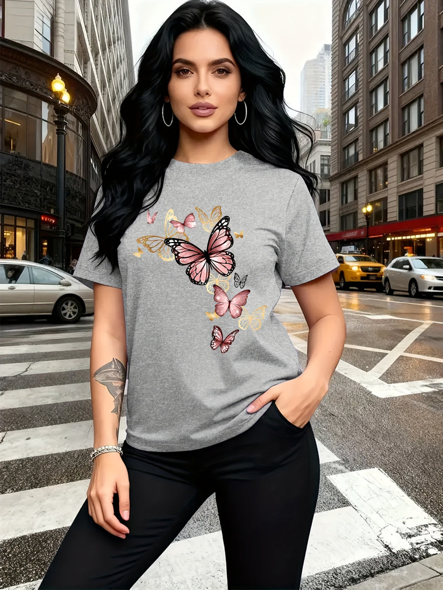 Watercolor Style Butterfly Pattern Print, Fashion Breathable T-Shirt, Family Travel, Campus, Casual, Daily Commute, Sisters' Matching Outfit, Versatile T-Shirt - Light Grey