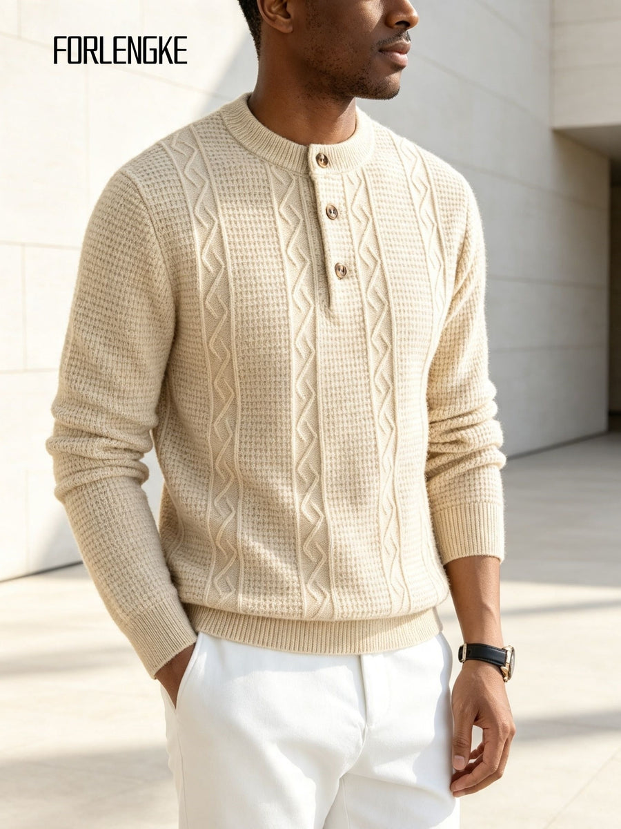 FORLENGKE Men's Intercity Light Travel Relaxed Style Textured Knit Henley Neck Sweater, Half-Open Collar Design Balances Formal and Casual, Durable Dense Knit Construction, Suitable for Autumn/Winter Short-Distance Business Trips, Road Trips - Flower Yellow