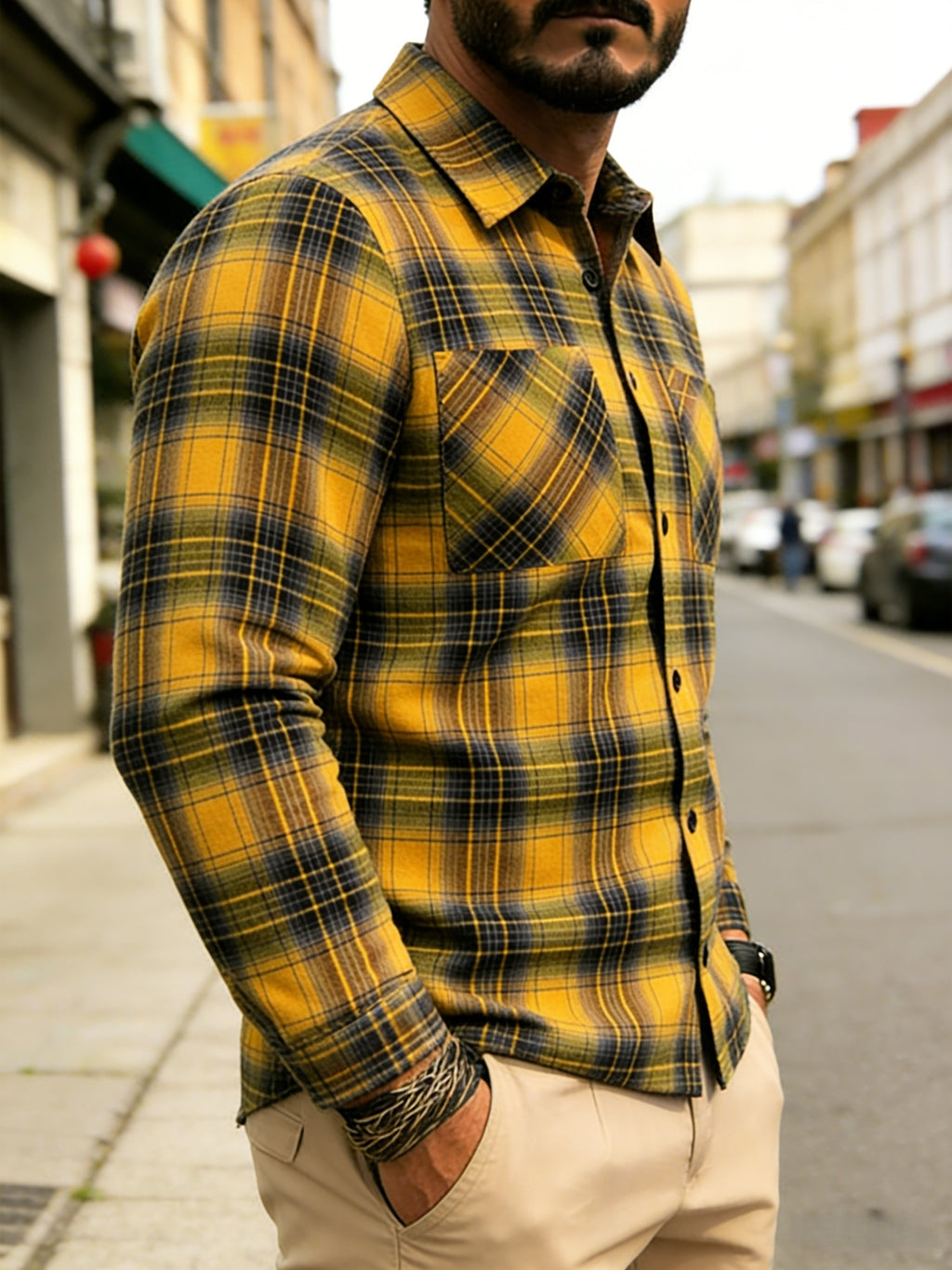 Men'S Casual Plaid Long Sleeve Shirt, Lapel Button-Up Shirt, Double Pocket Design, Classic Checkered Pattern, Twill Fabric, Comfortable And Breathable, Suitable for Spring And Autumn, Casual Outing, Men'S Dress Shirt, Men'S Shirt, Casual Business - Yellow And Green Grid