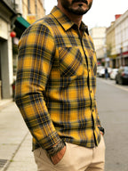 Men'S Casual Plaid Long Sleeve Shirt, Lapel Button-Up Shirt, Double Pocket Design, Classic Checkered Pattern, Twill Fabric, Comfortable And Breathable, Suitable for Spring And Autumn, Casual Outing, Men'S Dress Shirt, Men'S Shirt, Casual Business - Yellow And Green Grid
