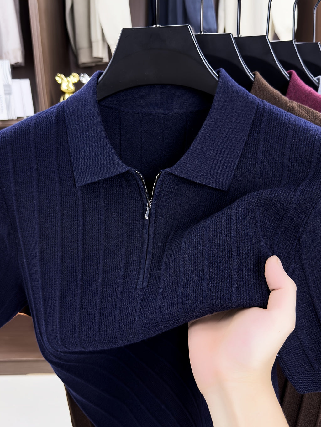 New Spring/Autumn Vertical Stripe Knit Polo Shirt for Men, Half-Zip Lapel Short Sleeve Light Luxury Stretch Casual Base Layer Top, Suitable for Daily Work Wear - Navy Color