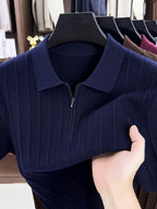 New Spring/Autumn Vertical Stripe Knit Polo Shirt for Men, Half-Zip Lapel Short Sleeve Light Luxury Stretch Casual Base Layer Top, Suitable for Daily Work Wear - Navy Color