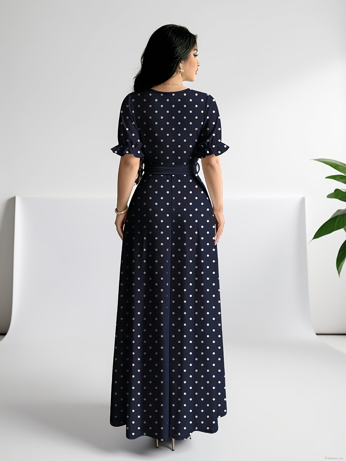 Elegant Summer Dress, Polka Dot Print Dress, Women's Fashion Round Neck Short Puff Sleeve Dress with Belted Waist, Long Dress ASD1 - Navy Color