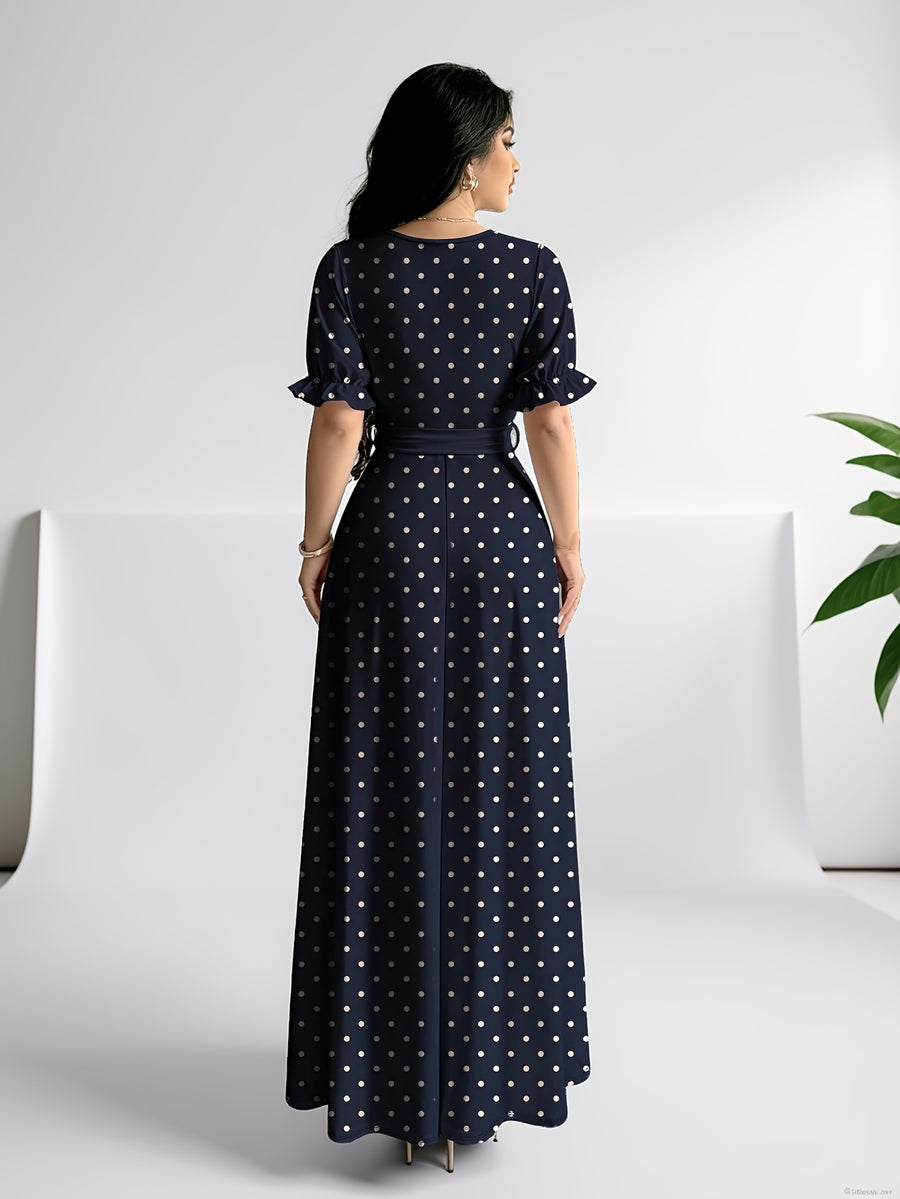 Elegant Summer Dress, Polka Dot Print Dress, Women's Fashion Round Neck Short Puff Sleeve Dress with Belted Waist, Long Dress ASD1 - Navy Color