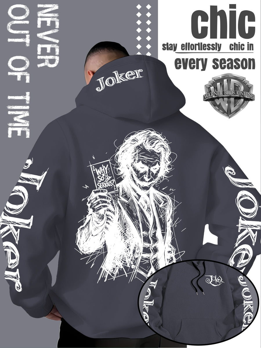 WB Warner Bros. Official Licensed Men's Joker Hooded Sweatshirt - Iconic Joker Portrait Print Hoodie, Soft Pilling-Resistant Fabric, Loose Fit Streetwear Pullover Suitable for Autumn/Winter, Machine Washable for Home, Outings & Joker-Themed Apparel - Dark Gray