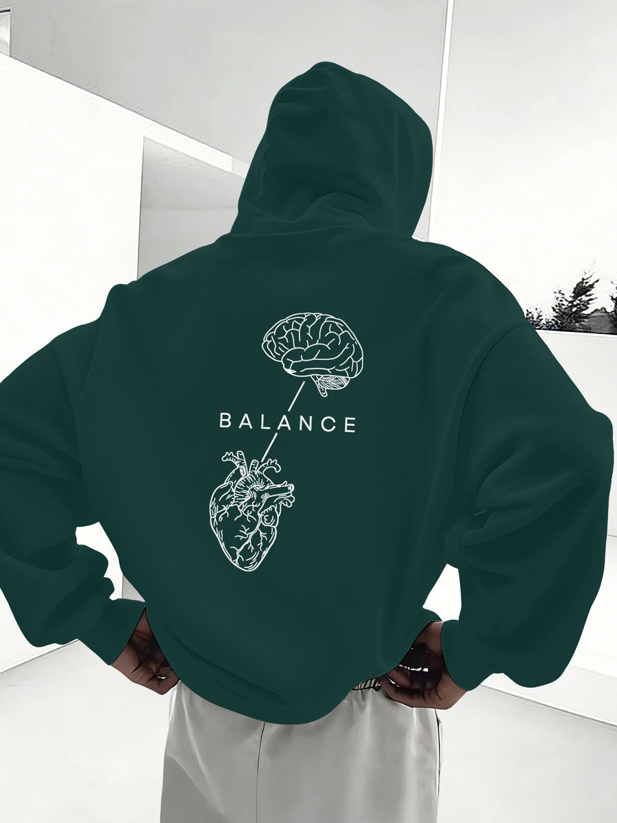 Minimalist Trendy Unisex Hoodie with Brain And Heart Balance Print - Dark Green