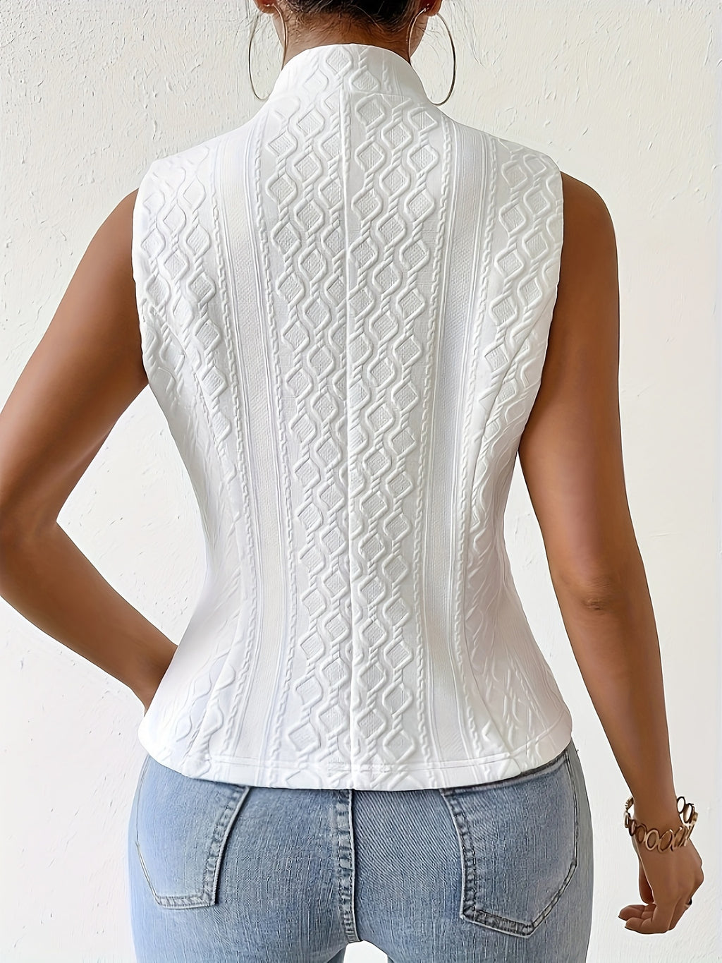 Women's Elegant Solid Color Jacquard Suit Vest Jacket - Open Collar Four-Season Machine-Washable Versatile Blazer for Casual & Formal Outfits, Structured Design - White