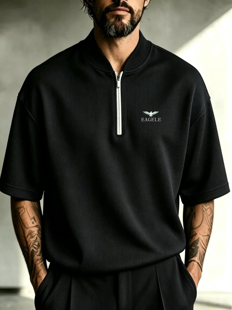 Men'S Baseball Collar Henley Neck Zipper Short Sleeve T Solid White Small Logo Loose Fit Street Style Old Money Aesthetic Casual Outdoor - Black