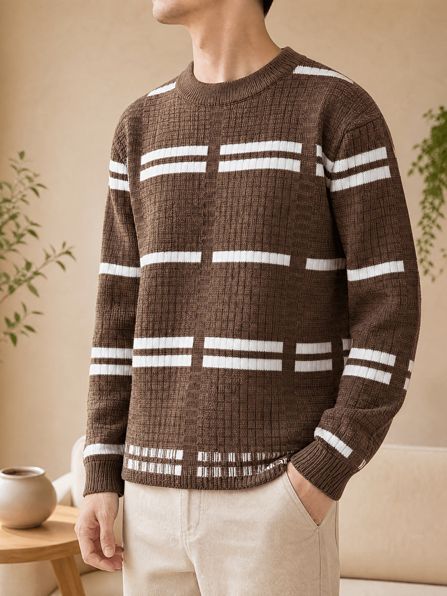 1pc Du Jing Lan OBM Men's Knit Sweater - Old Money Style Contrast Color Striped Crew Neck Sweater, Business Casual Striped Pullover Suitable for Layering, Golf, Basketball, Outdoor & Daily Wear, Belt-Free Warm Sweater for Spring/Autumn/Winter - Coffee Color