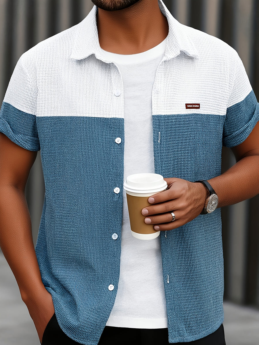 Men's Blue and White Contrast Corn Husk Grain Fabric Comfortable and Breathable Material, Lapel Collar, Full Open Front, Contrast Button Design, Suitable for Daily Casual, Fashionable, Simple Outings, Commuting, Street Style, Outings, and Summer New - Blue
