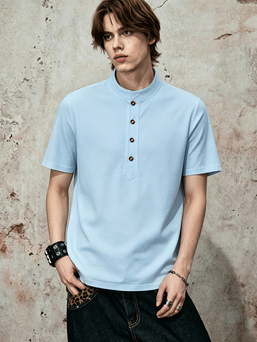 Men'S Mandarin Collar Short Sleeve T-Shirt, Stand-Up Collar Half-Open Placket Button-Up Top, Casual Loose All-Match Base Layer, Daily Streetwear - Sky Blue