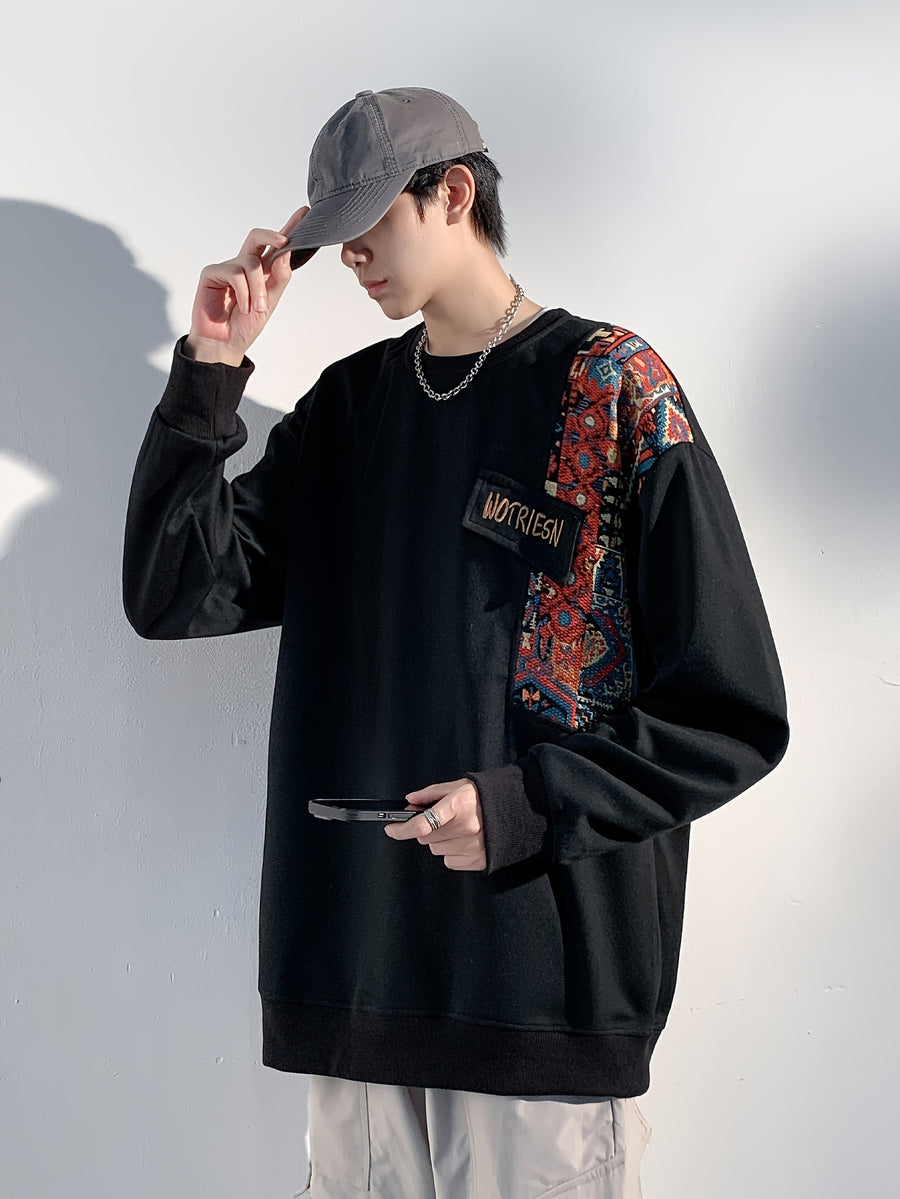 Men's Chinese Vintage Patchwork Crewneck Sweatshirt, Ethnic Style Embroidered Loose Drop-Shoulder Pullover, for Spring/Autumn Daily Streetwear Outings - Black