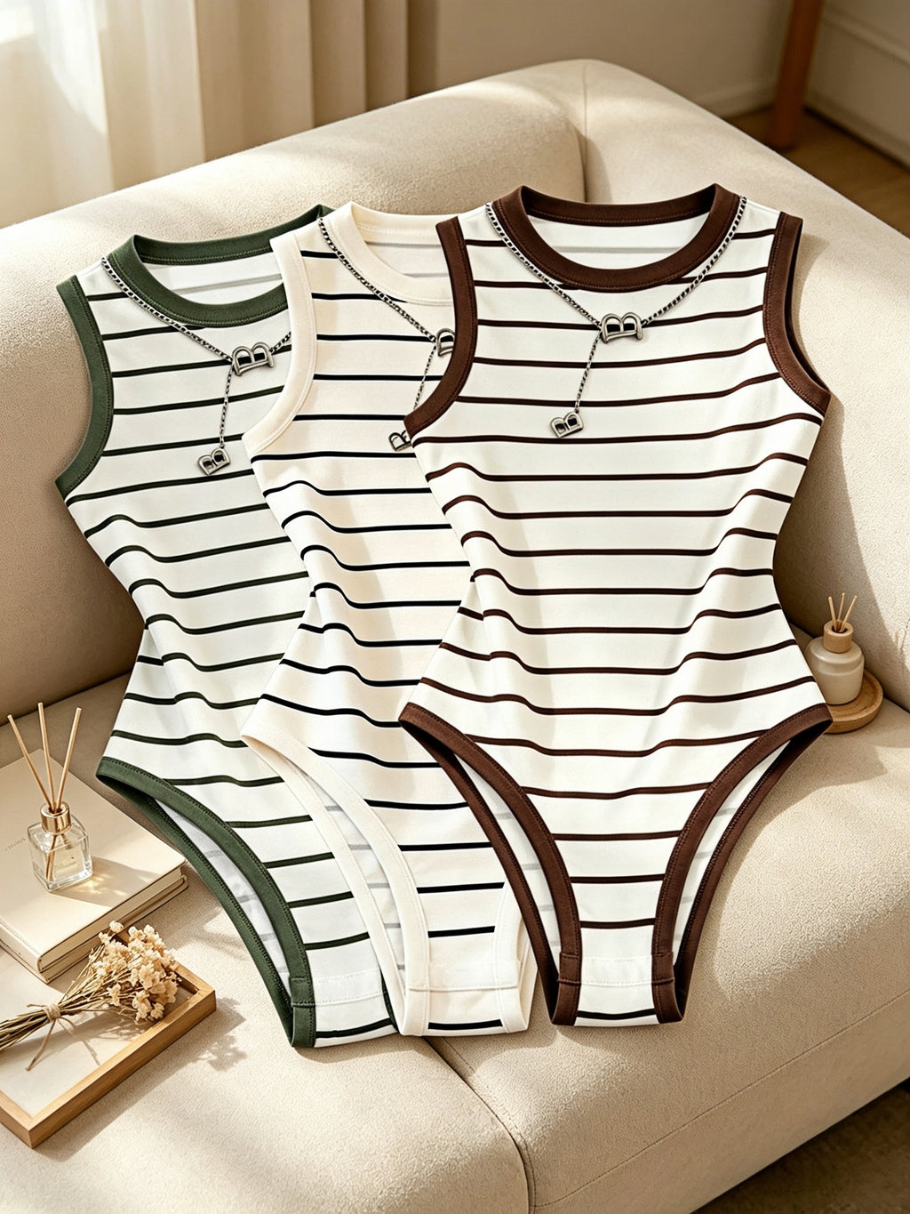 PLMM 3pcs Fresh Forest Style Sleeveless Bodysuit, Slim-Fit Stretchy Versatile Hot Round Neck Tank Top Bodysuit - Green+brown+white