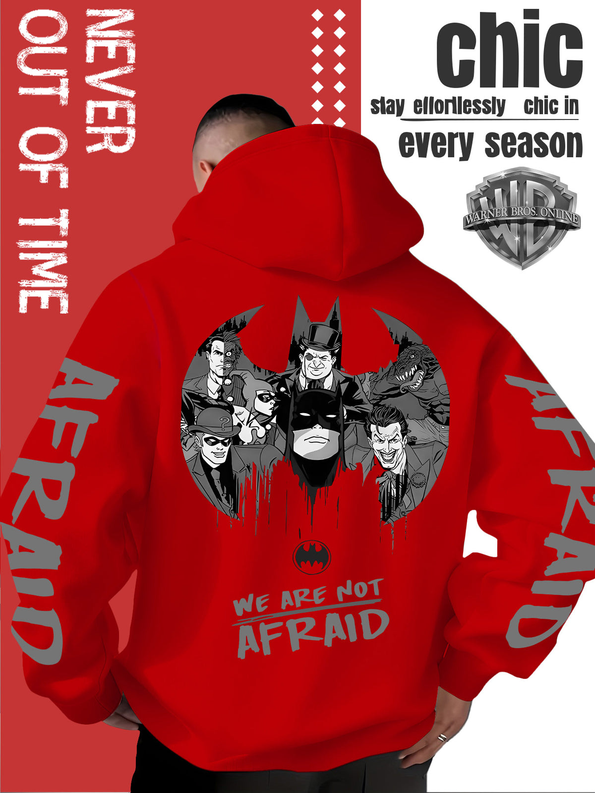 Men'S Hooded Sweatshirt Superhero Villain Group Black And White Comic Print, Batman Good And Evil Characters Gathered Design, Themed English Slogans And Rich Visuals, Dual Sleeves with Eye-Catching Graffiti Art Font - Red