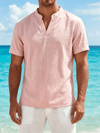 2pcs Men's Fashion V-Neck And Linen Blend Breathable Comfortable Casual Short-Sleeve Shirt - Blue+Pink