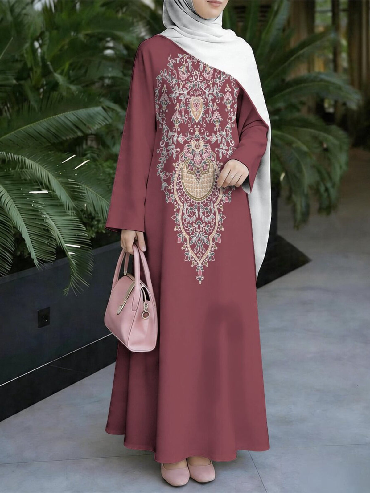 Women'S Hot Middle Eastern Style Muslim Elegant Robe, Burgundy Ethnic Digital Print Long Dress, Loose Flowing Long Sleeve Flared Cut, Suitable for Daily Commute And Prayer, Soft Breathable Non- Craft, Friendly (Headscarf Additions Not Included) - Mixed colors