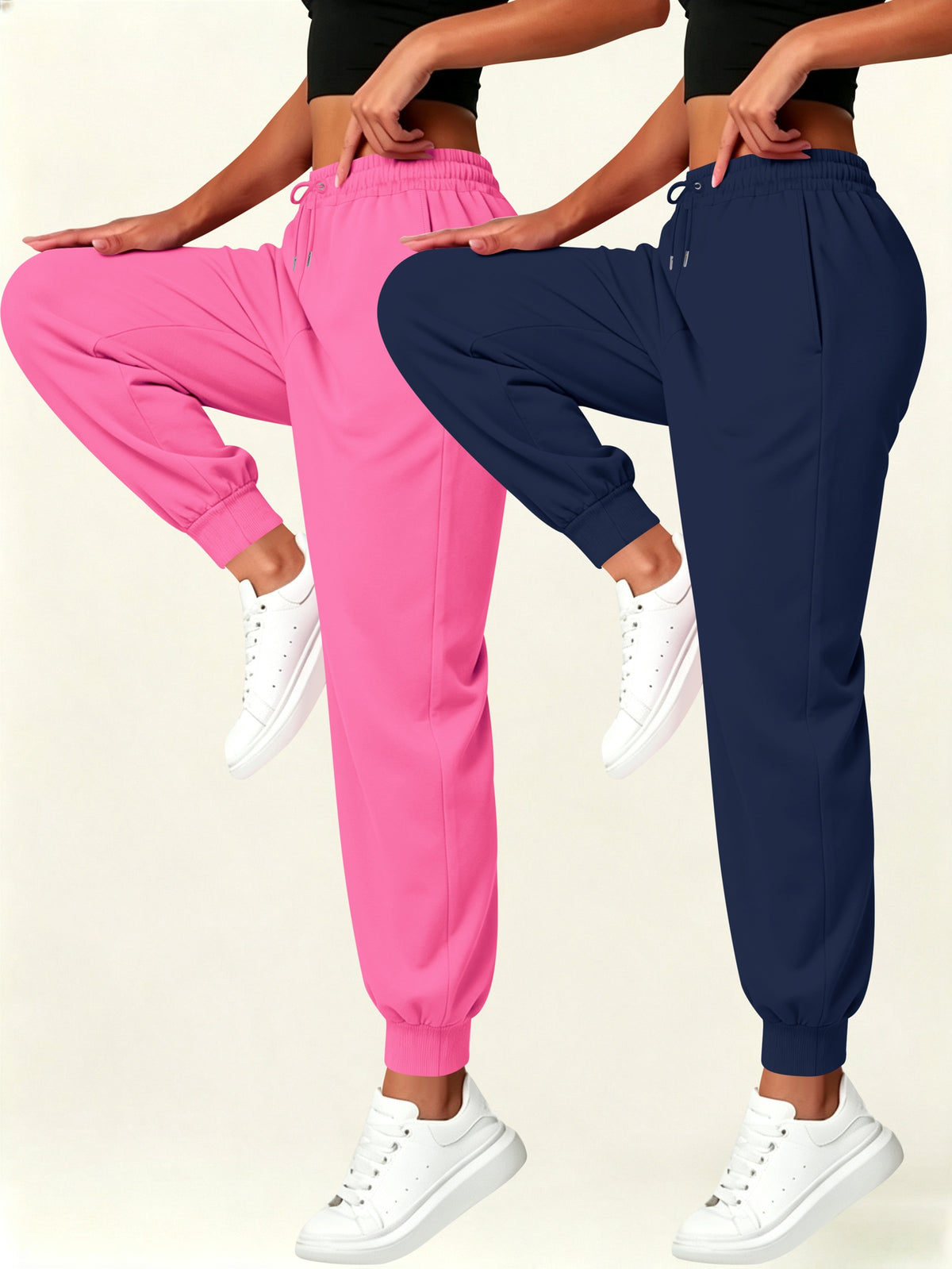 2pcs Set Autumn-Winter Women's Casual Pants with Pockets - Pink+Navy Blue