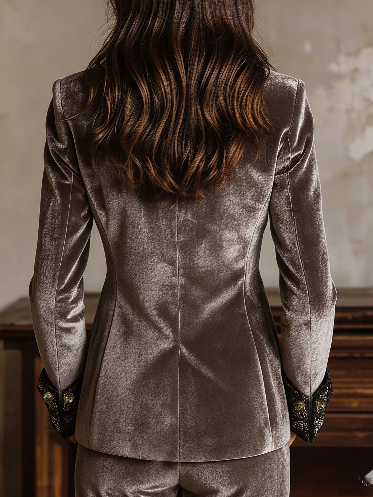 Double-Breasted Printed Versatile Blazer 1pc Women'S Retro Elegant Lapel Design Statement Cuffs Slimming Outwear Top [NS702] - Taupe Brown