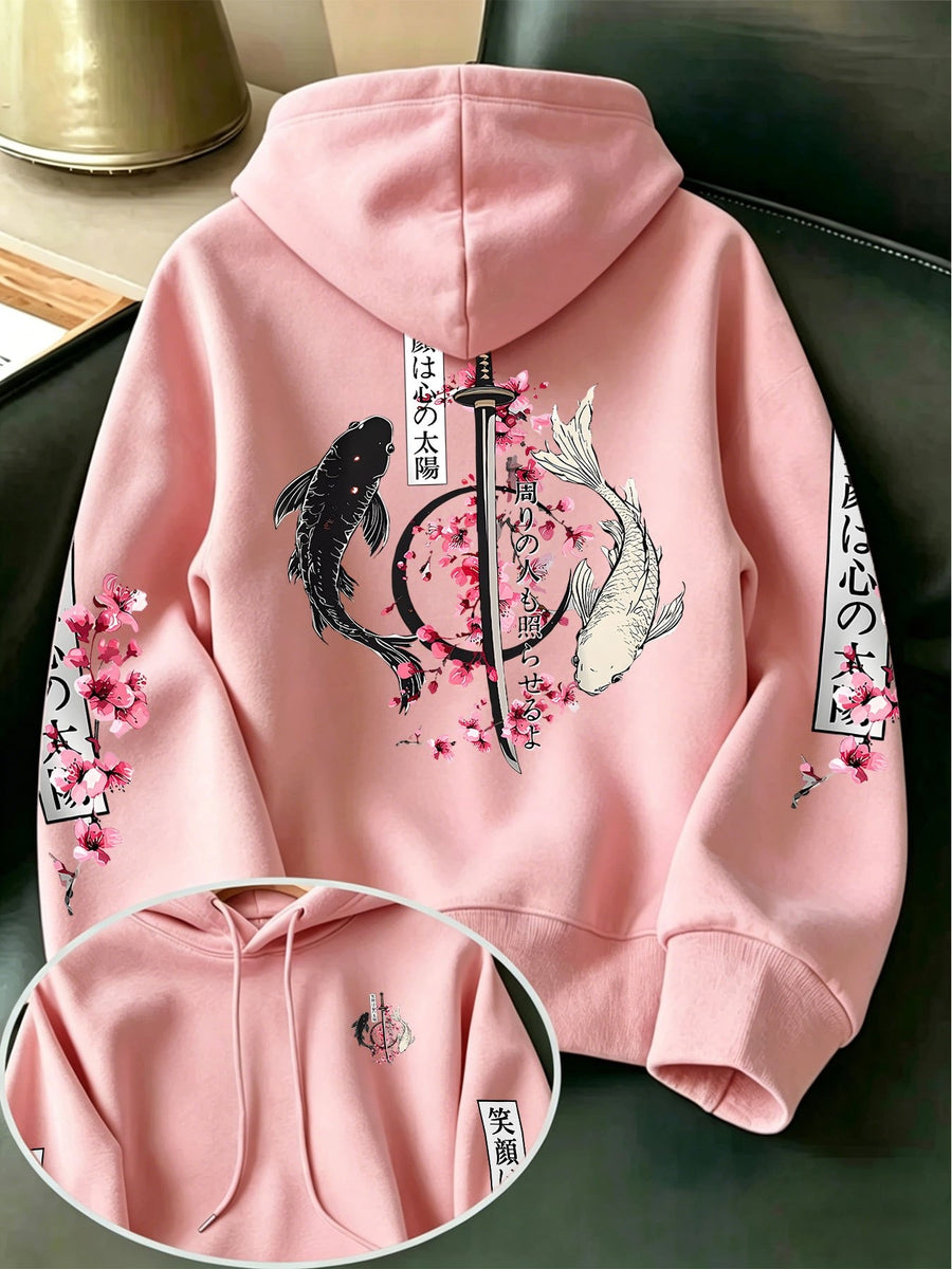 Men's New Fashion Hooded Sweatshirt, Cherry Blossom Samurai Sword Yin Yang Koi Japanese Washoku Style Print with Multi-Pattern Design, Large Pocket Hoodie with Adjustable Drawstrings, Comfortable and Versatile Pullover Hoodie with Kangaroo Pocket - pink