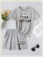2pcs Women's Summer Short Sleeve Set—Panda Koala Cute Animal Print Short Sleeve Shorts Set, Comfortable, Soft, and Breathable for Sports and Daily Wear, Suitable for Back-to, Campus, Valentine's Day, Women's Pajamas, Jogging, Fitness, and as a Gift - Gray + Gray